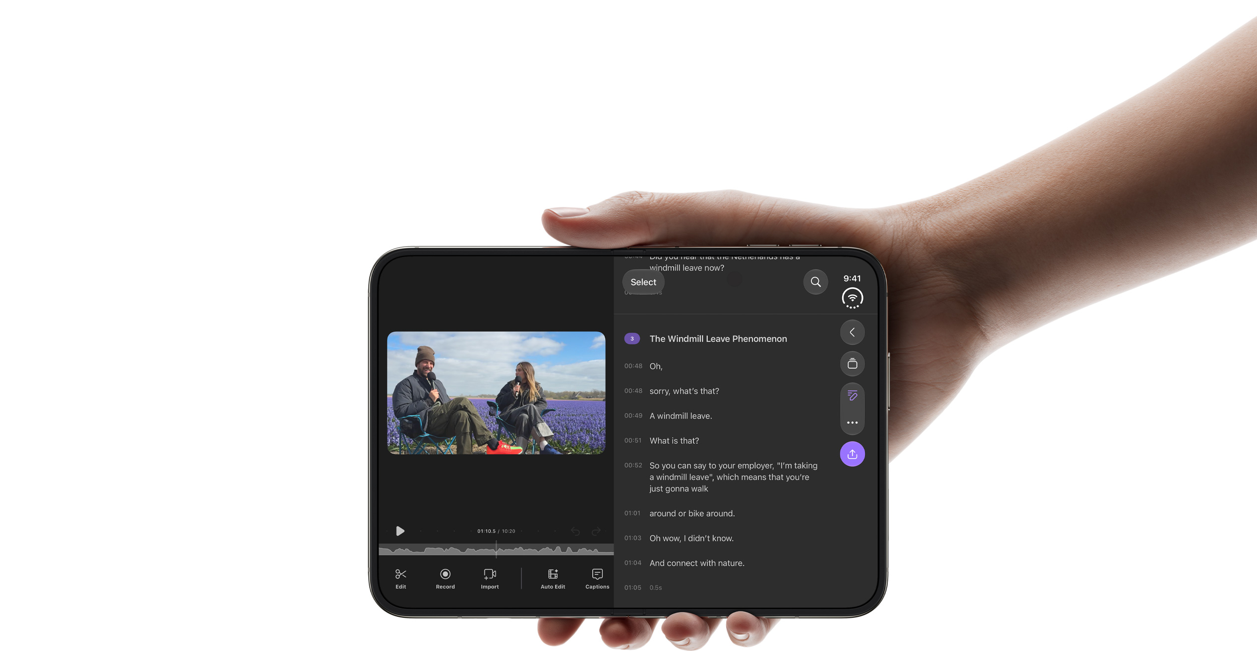An open iPhone Duo held horizontally displays interview footage beside a transcript in the Detail editing app.