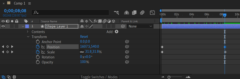 Use keyframes to change the position and scale values in your composition